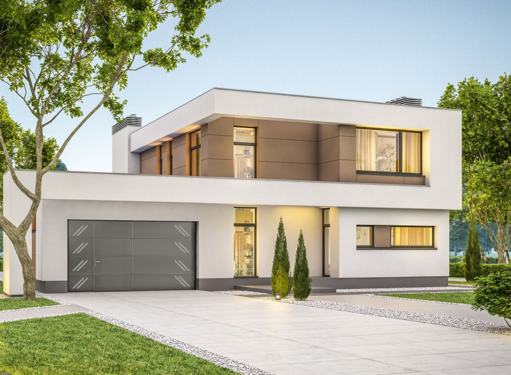 Maison contemporaine avec une porte de garage sur-mesure avec portillon décors Alunox